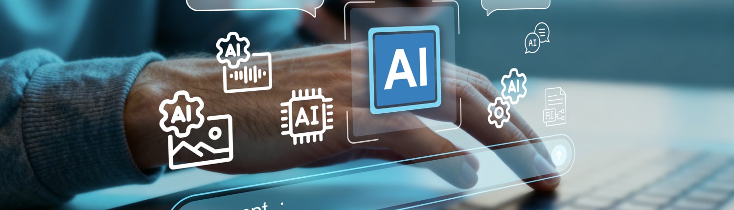 Man typing command in AI prompt bar on laptop. Multimodal artificial intelligence interface for generating image, code, audio, and text content. Einen guten Prompt schreiben